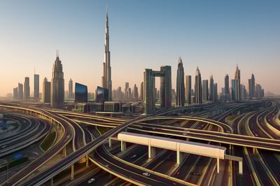 Dubai skyline with modern highways and toll gates