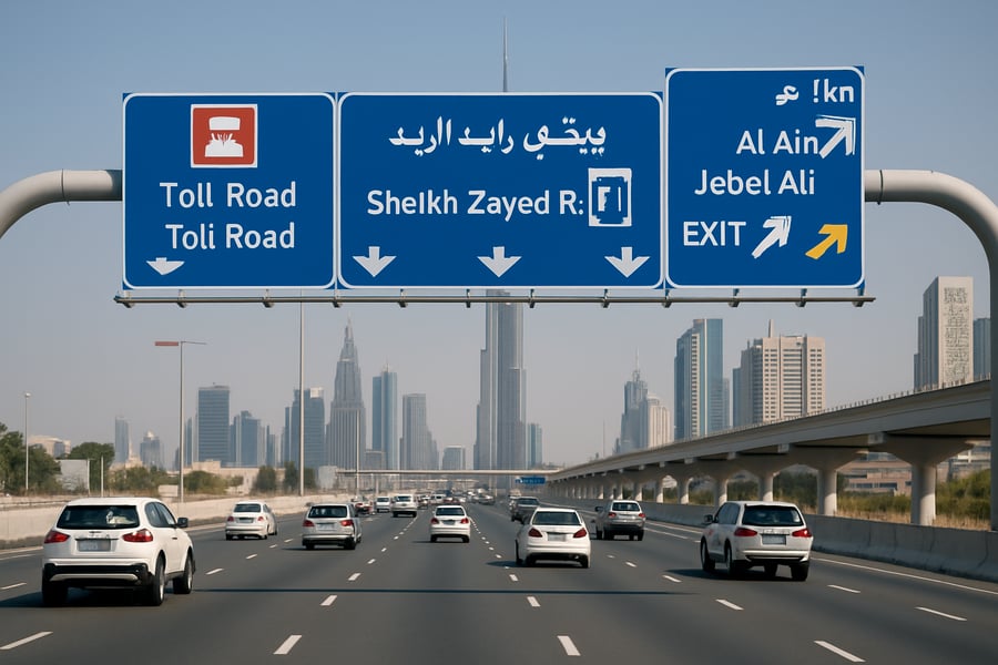 Toll road in Dubai with clear signage and smooth traffic